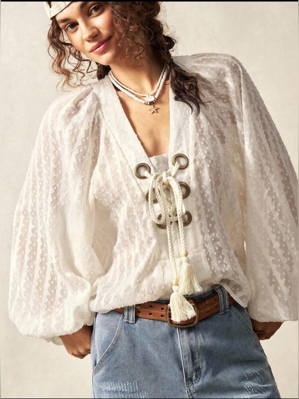 SHEIN Ivory Lace-Textured V Neck Tie-Front Peasant Blouse Size 14